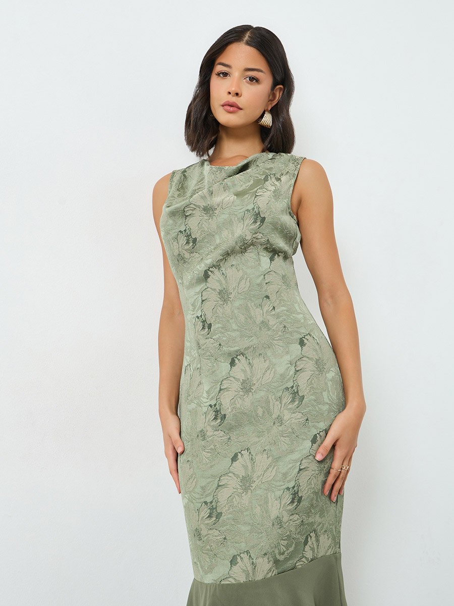 Green Floral Jacquard Cowl Neck Maxi Dress