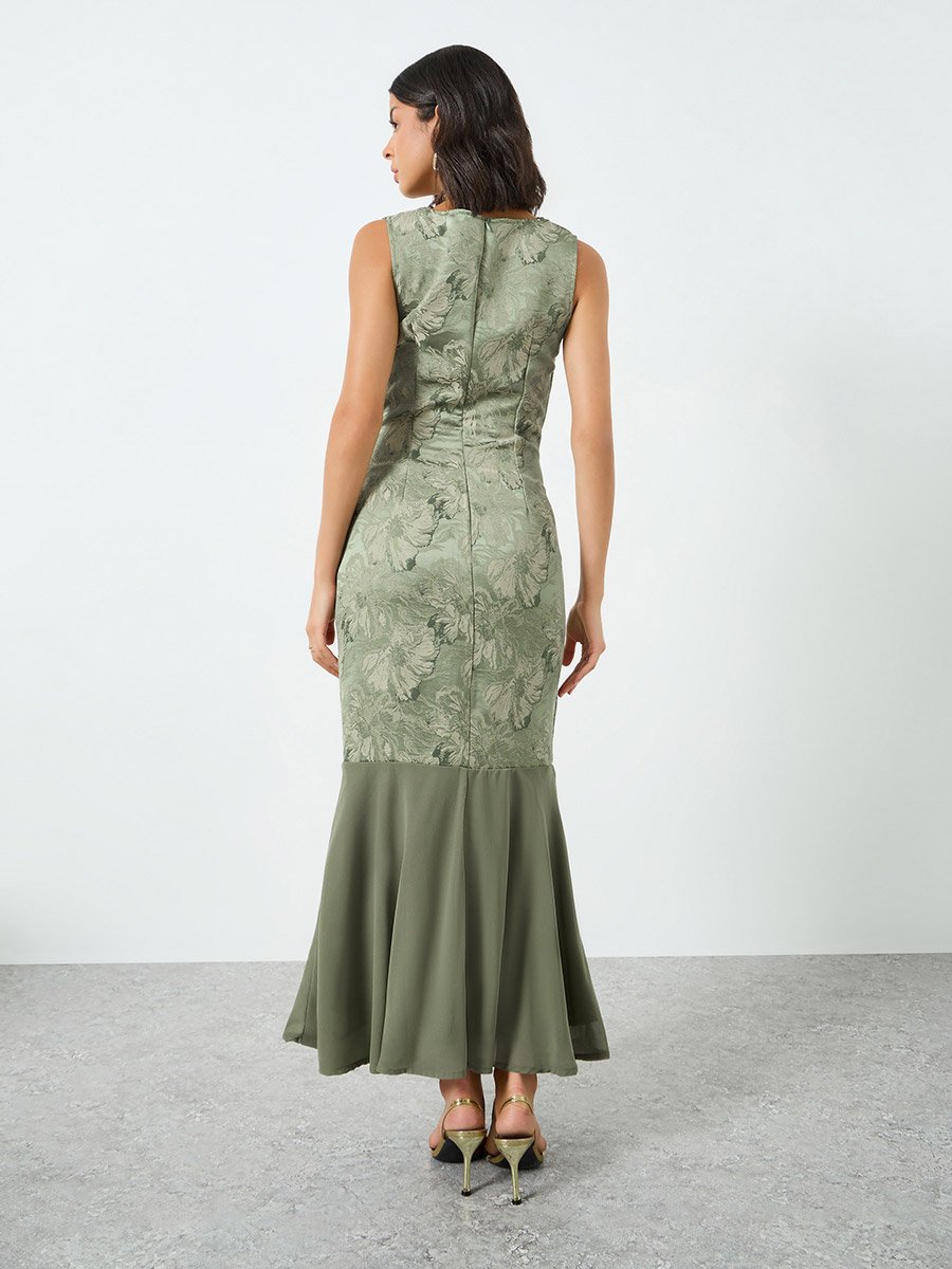 Green Floral Jacquard Cowl Neck Maxi Dress
