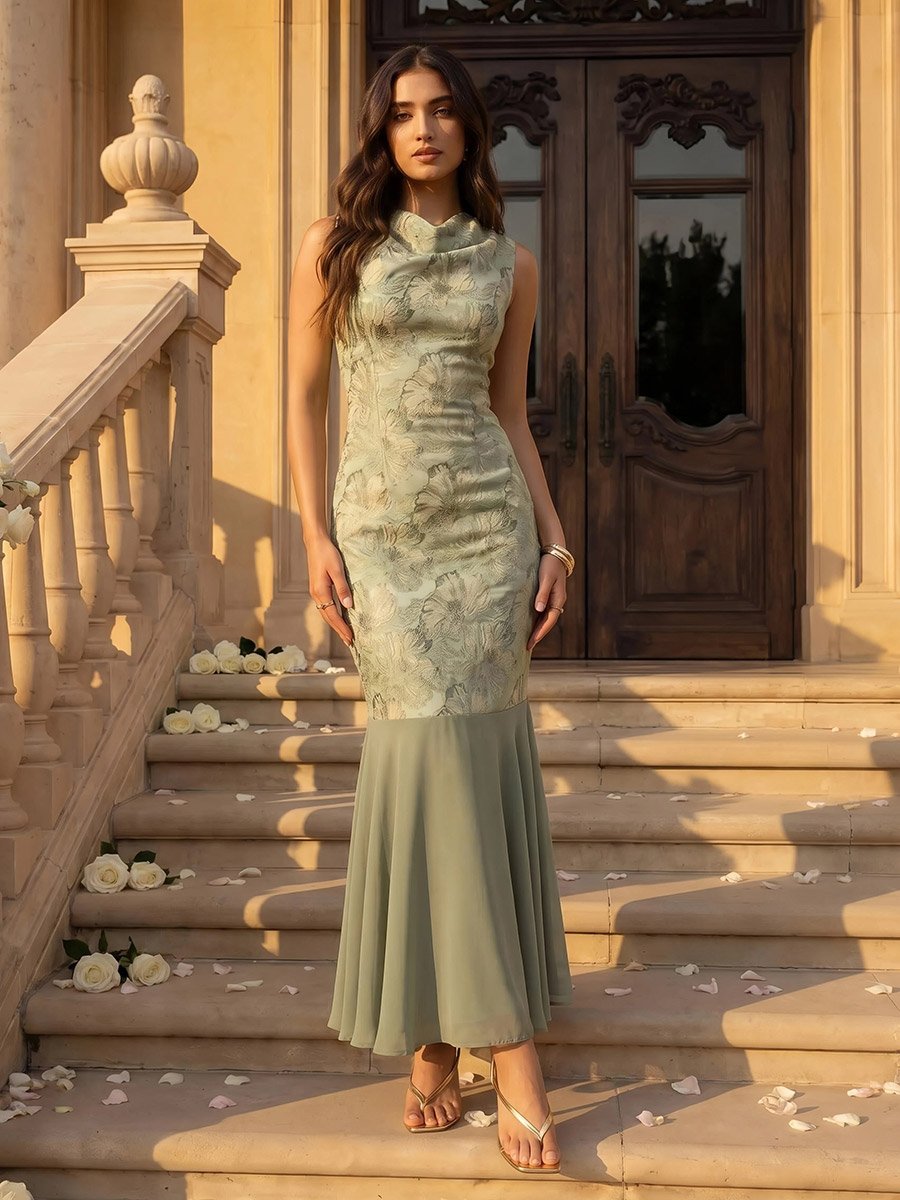 Green Floral Jacquard Cowl Neck Maxi Dress