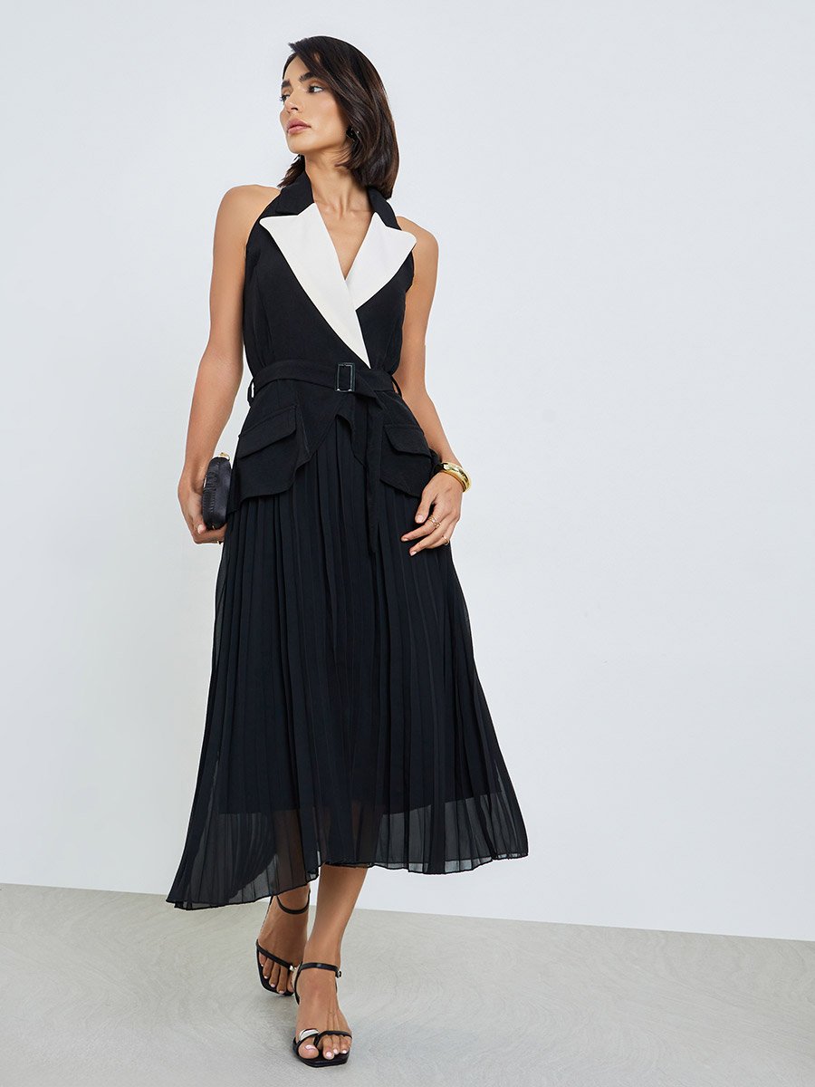 Color Block Lapel Neck Pleated Midi Dress