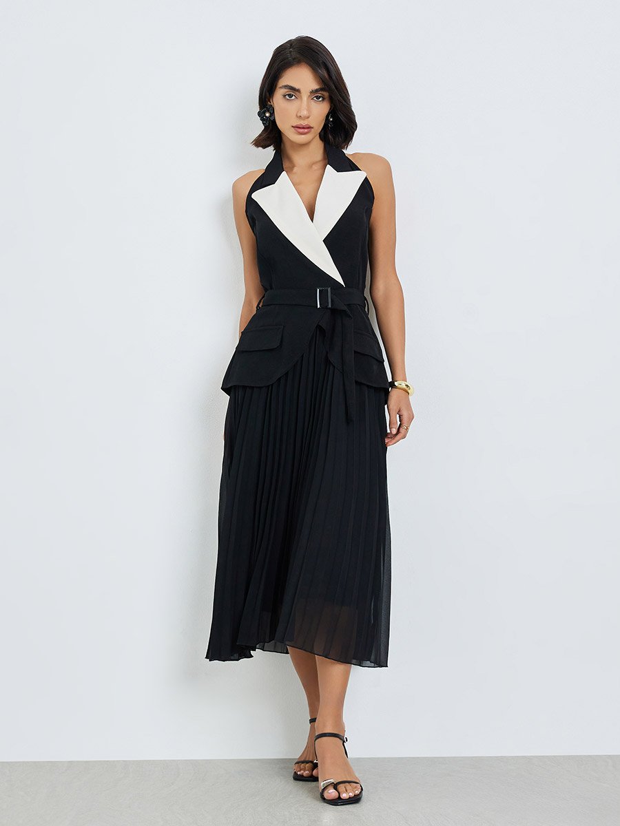 Color Block Lapel Neck Pleated Midi Dress