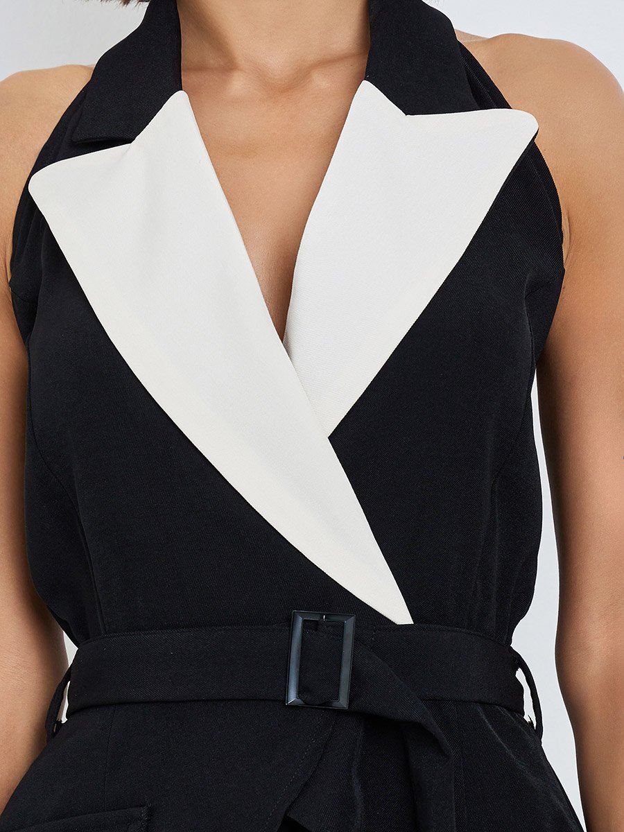 Color Block Lapel Neck Pleated Midi Dress