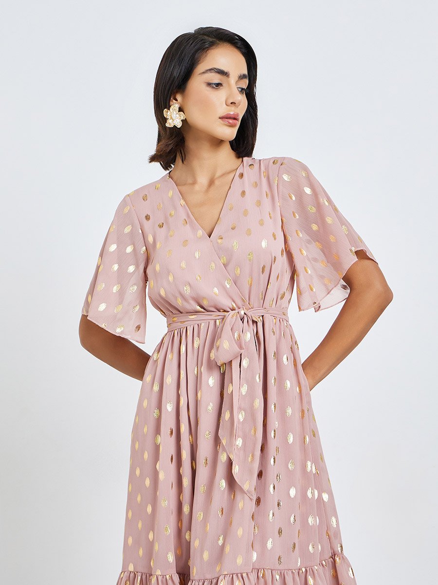 Pink Foil Dot Print Layered Maxi Dress