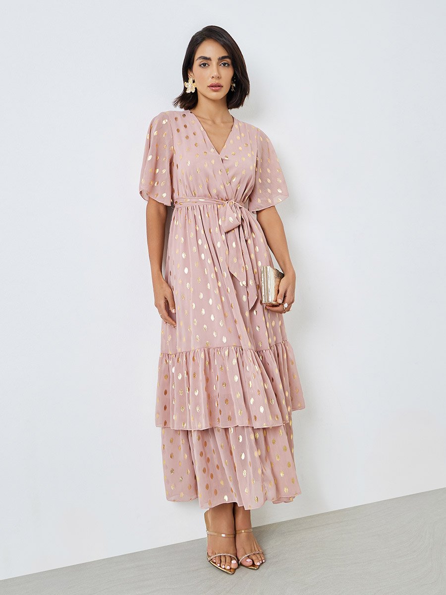 Pink Foil Dot Print Layered Maxi Dress