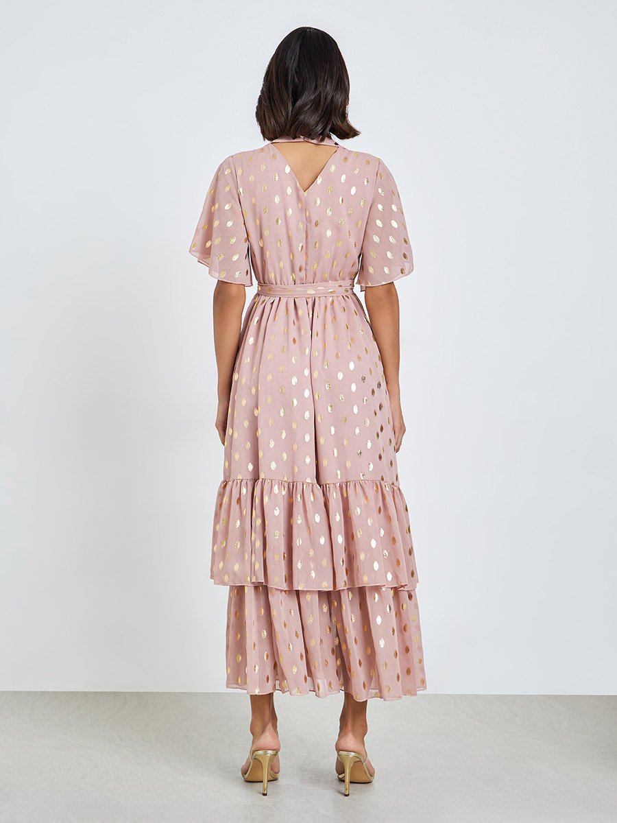 Pink Foil Dot Print Layered Maxi Dress