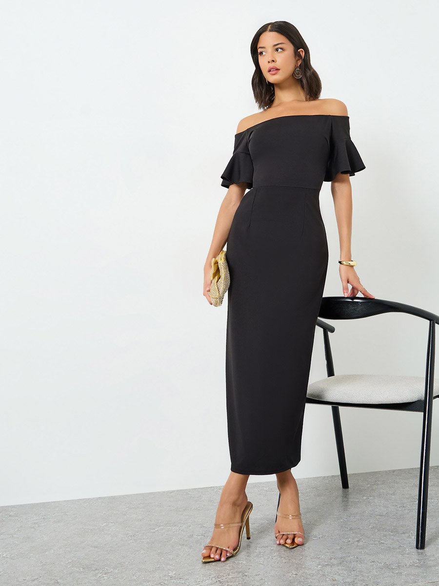 Black Off-Shoulder Sheath Maxi Evening Dress
