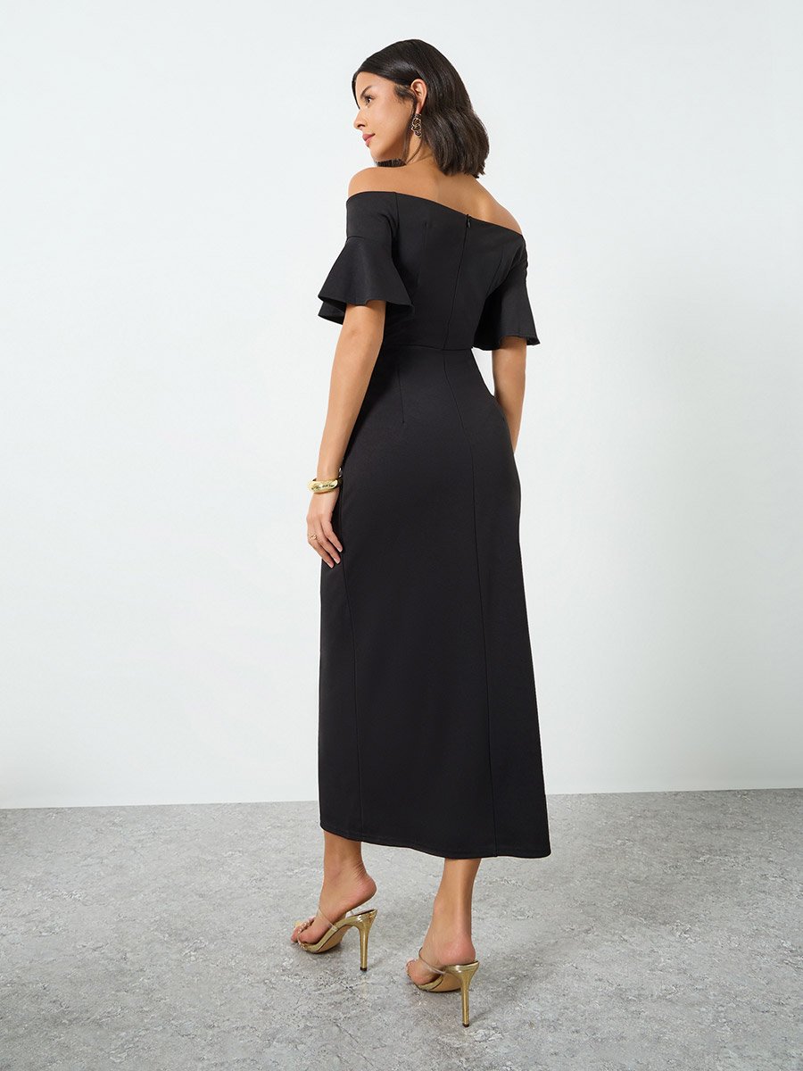 Black Off-Shoulder Sheath Maxi Evening Dress