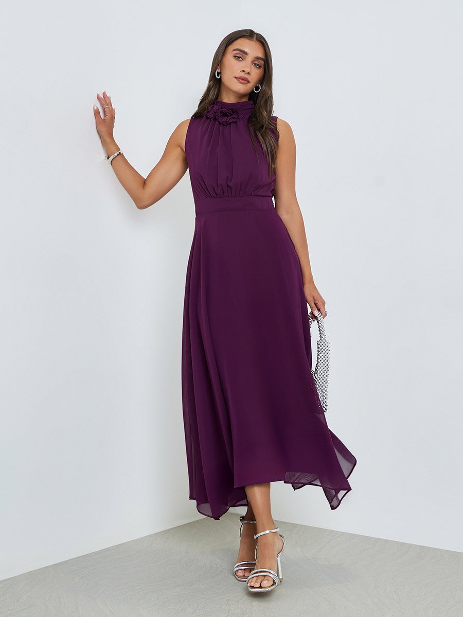 Purple Corsage Detail Maxi Evening Dress