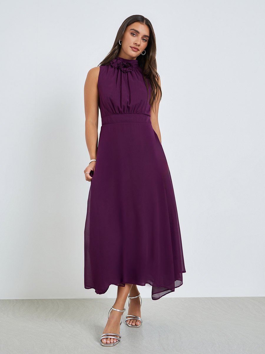Purple Corsage Detail Maxi Evening Dress