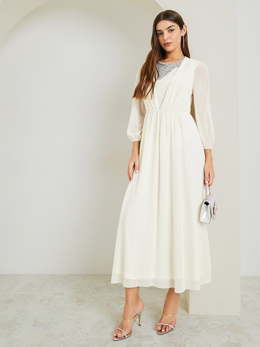 Cream Embellished Long Sleeves Maxi Dress For Women at Kuwait | Styli Cream Embellished Long Sleeves Maxi Dress For Women at Kuwait | Styli