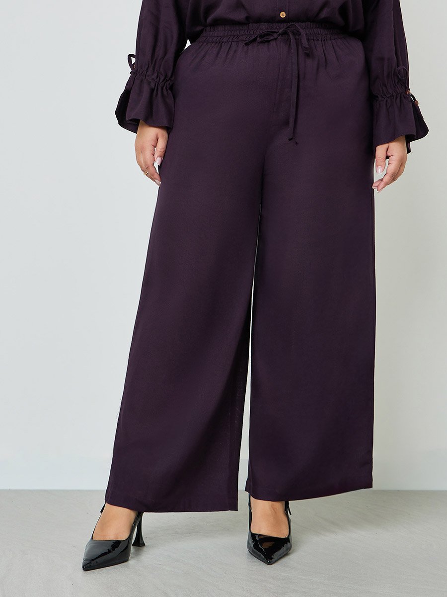 Plus Size Solid Cotton Wide Leg Pants