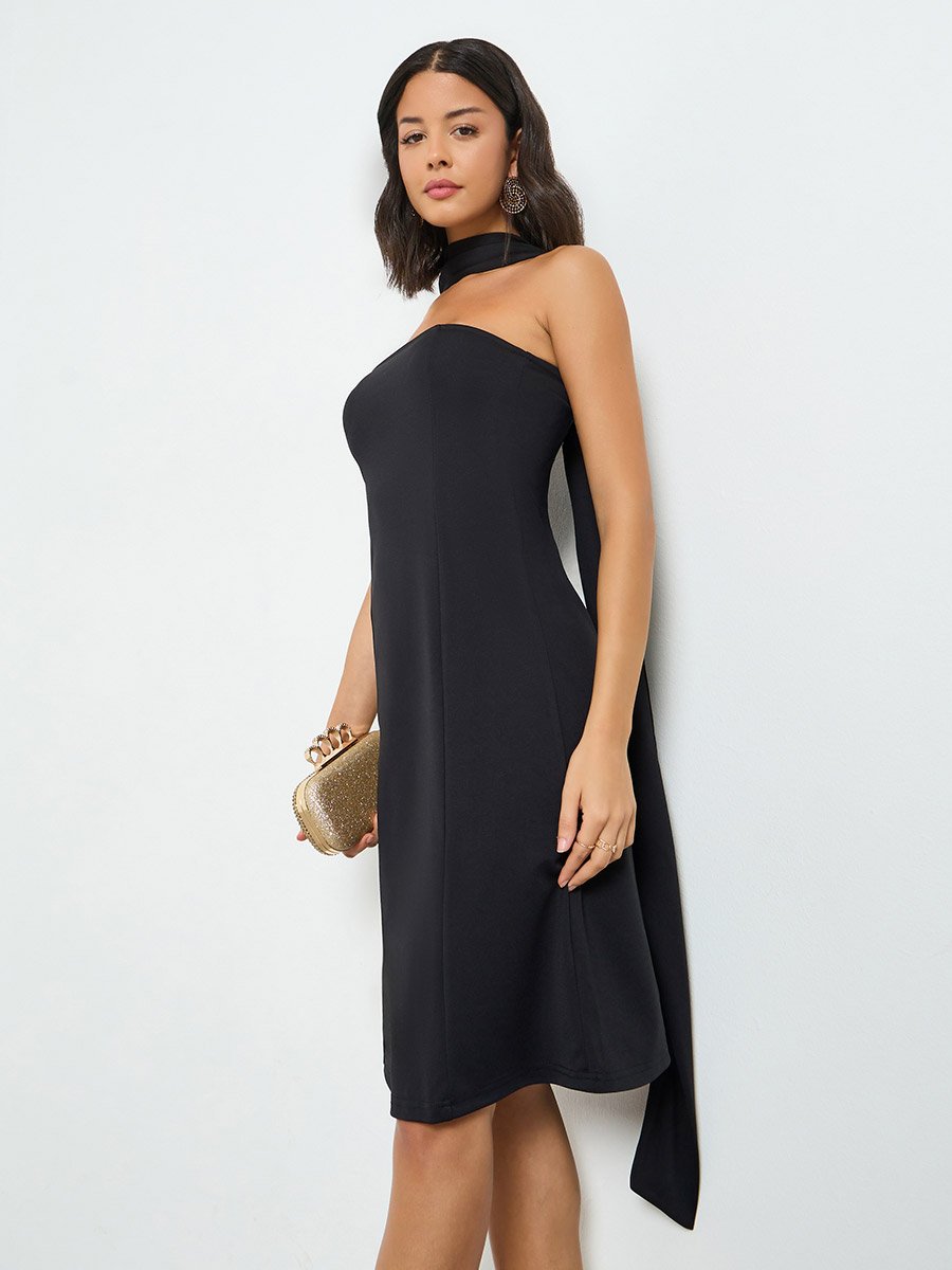 knee length bandeau dress Champagne/beige knee length bandeau bodycon dress