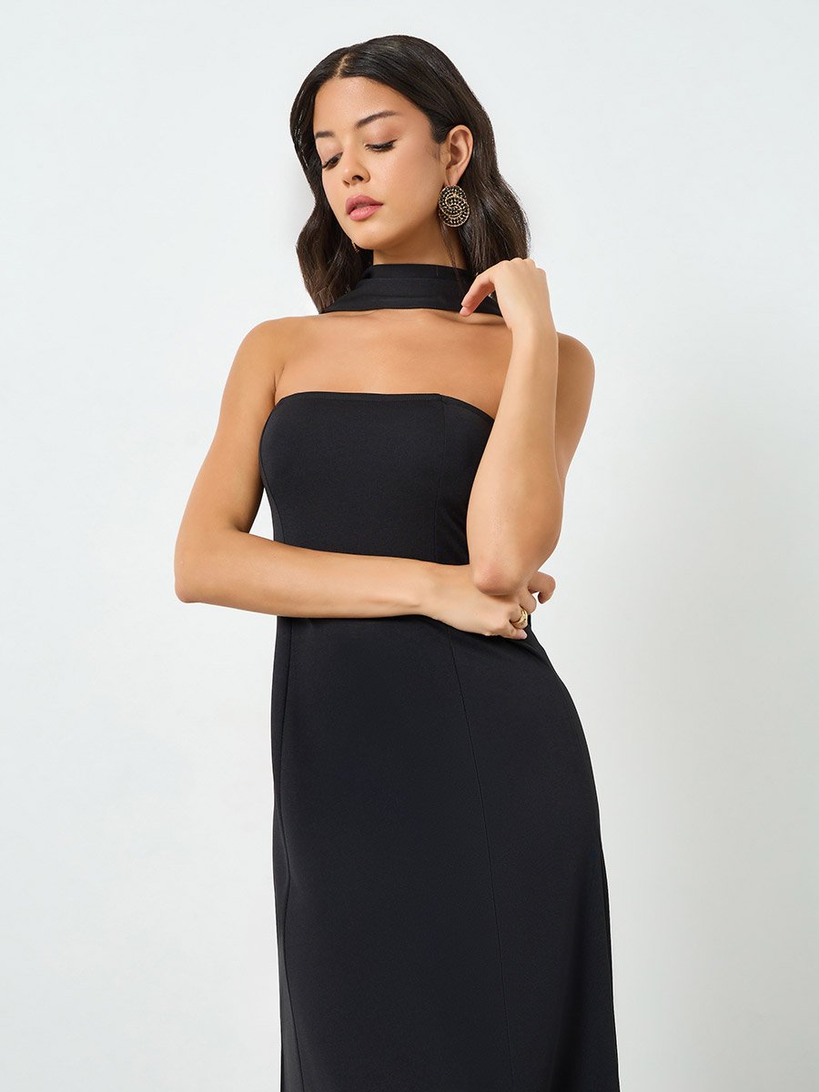 Black Bandeau Knee Length Dress with Neck Scarf