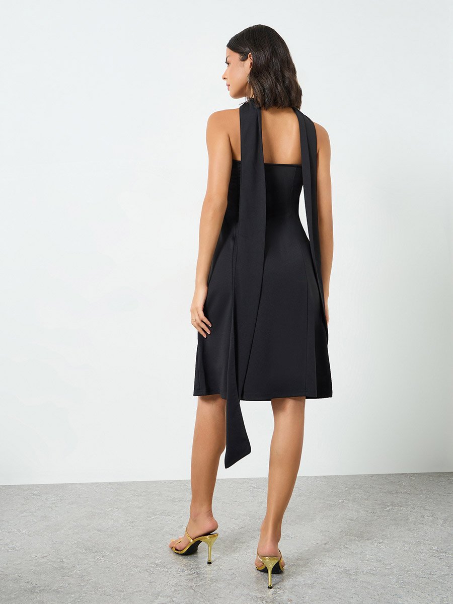 Black Bandeau Knee Length Dress with Neck Scarf