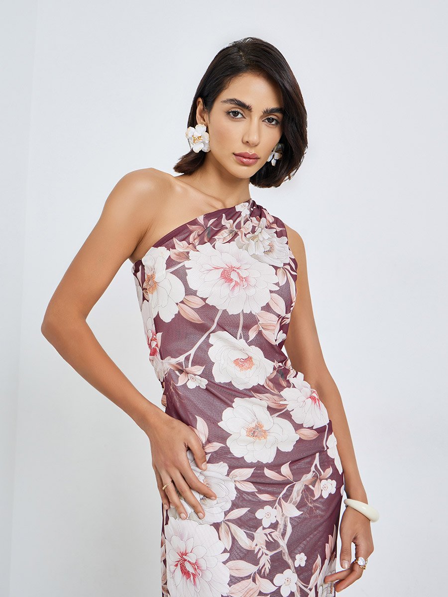 Brown Floral One-Shoulder Maxi Dress