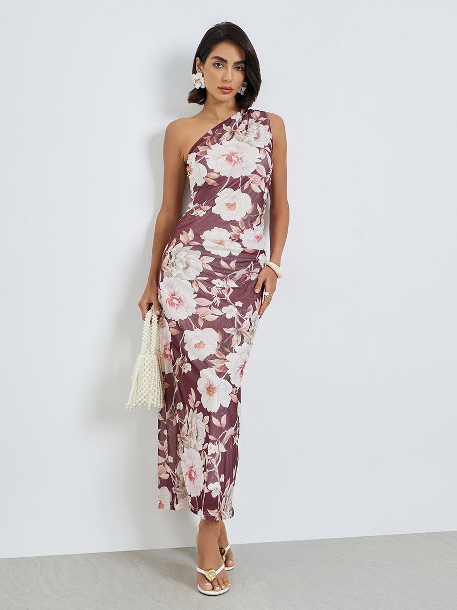 Brown Floral One-Shoulder Maxi Dress