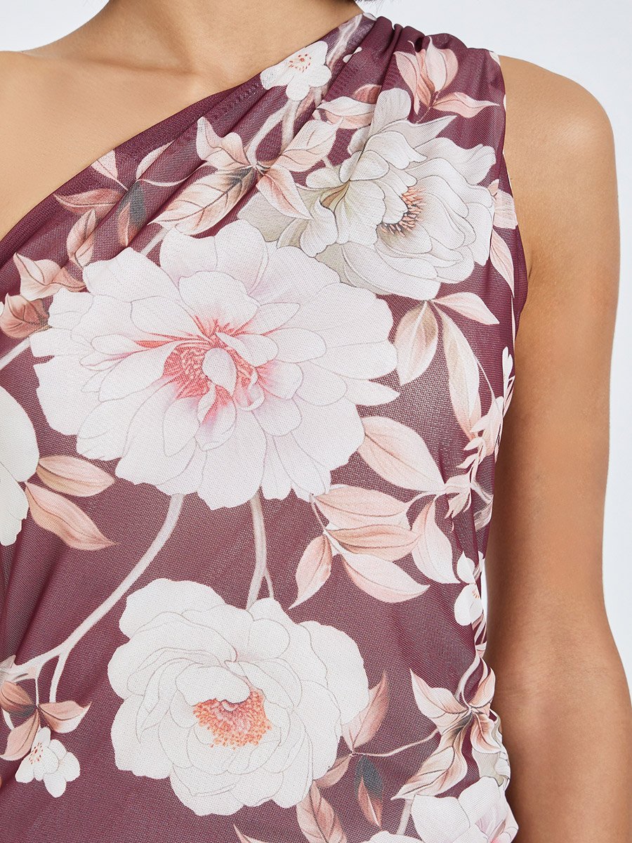 Brown Floral One-Shoulder Maxi Dress