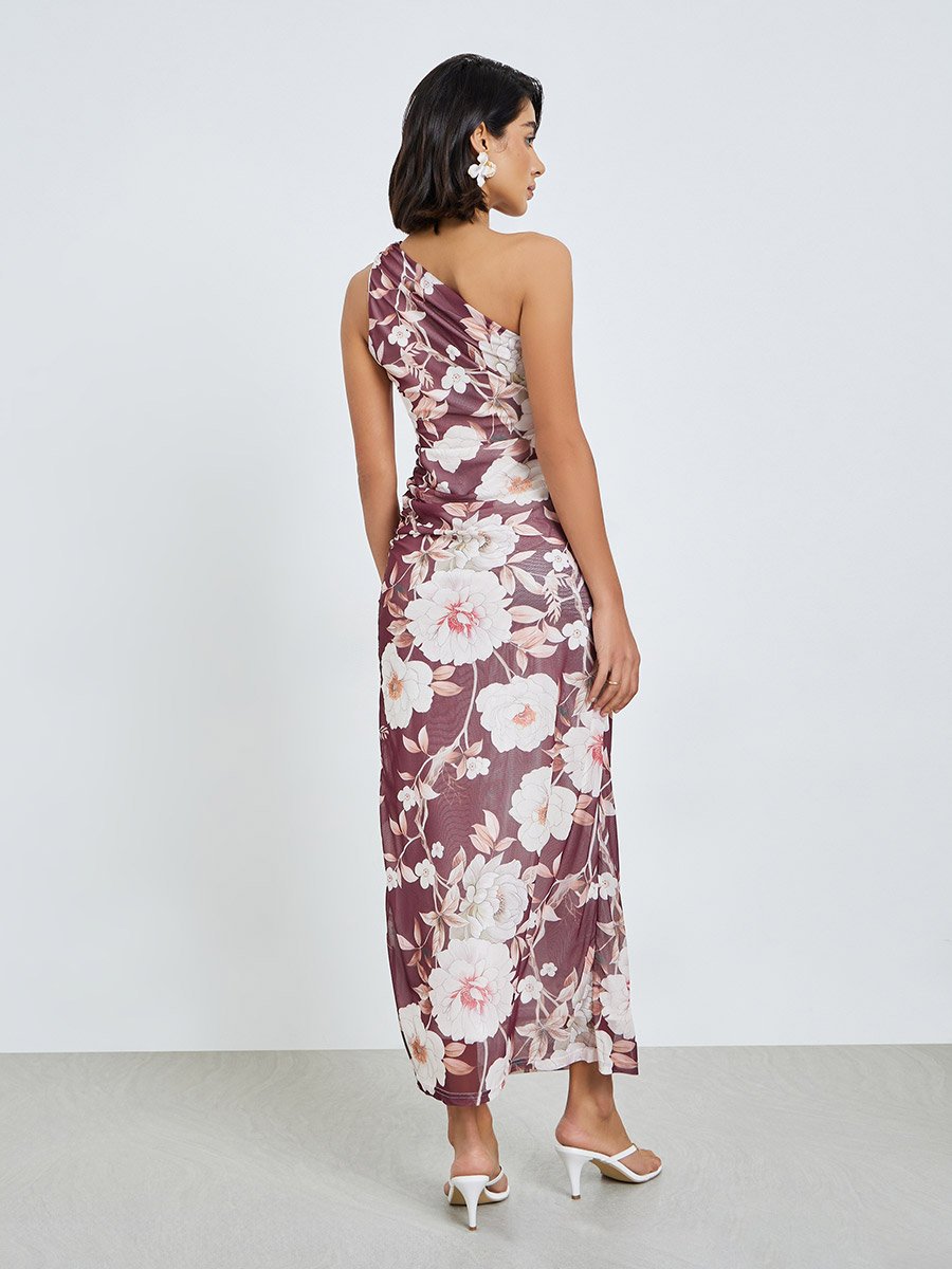 Brown Floral One-Shoulder Maxi Dress