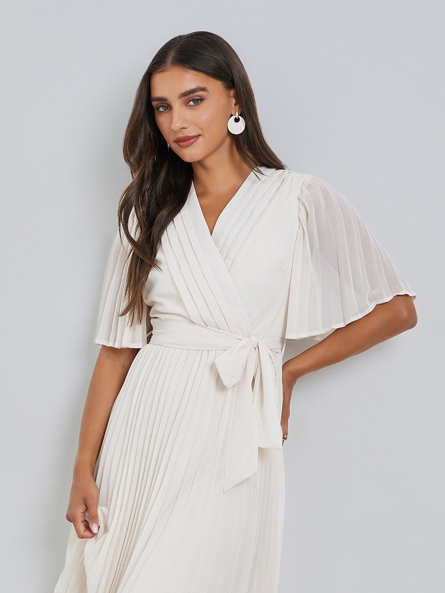 Cream Pleated Midi Dress with Tie-Belt