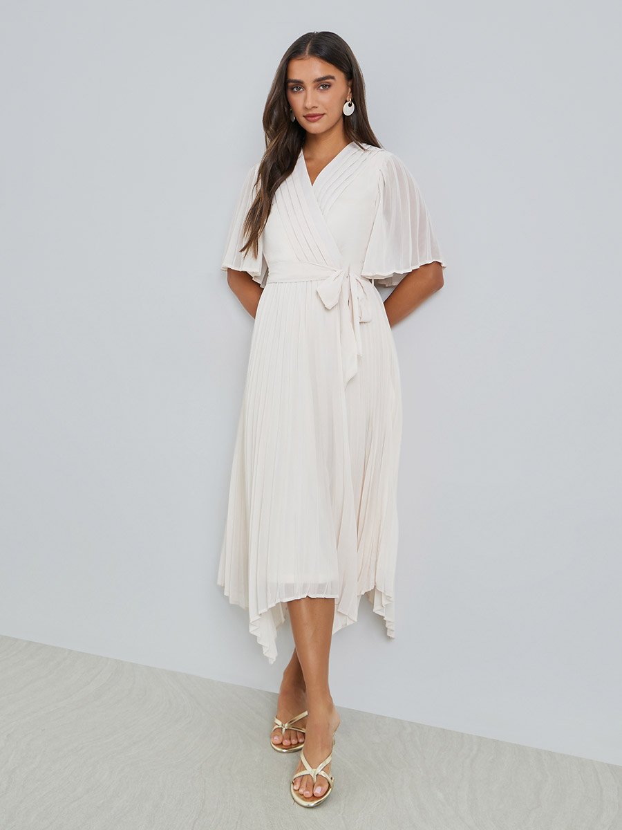 Cream Pleated Midi Dress with Tie-Belt