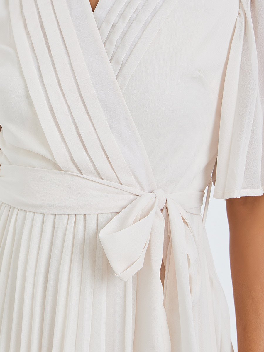 Cream Pleated Midi Dress with Tie-Belt