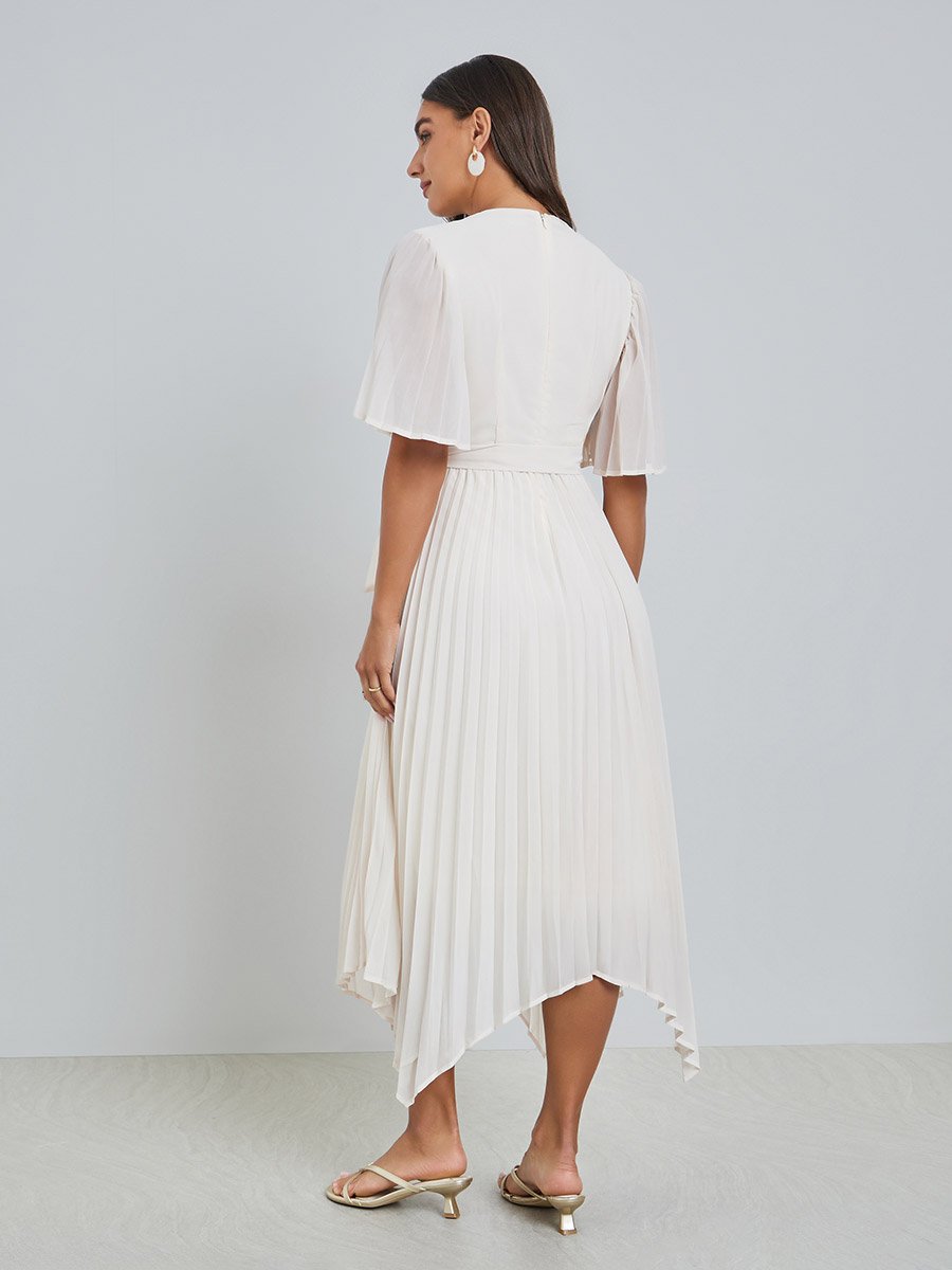 Cream Pleated Midi Dress with Tie-Belt