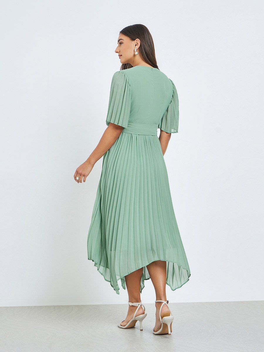 pleated tie belt dress PLEATED DRESS WITH A BELT