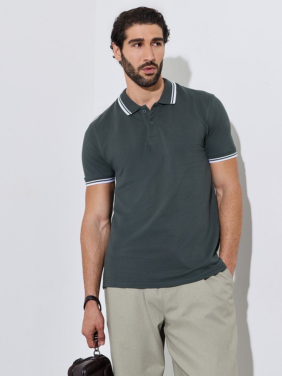 Men Dark Grey Regular Fit Pique Polo With Tipping