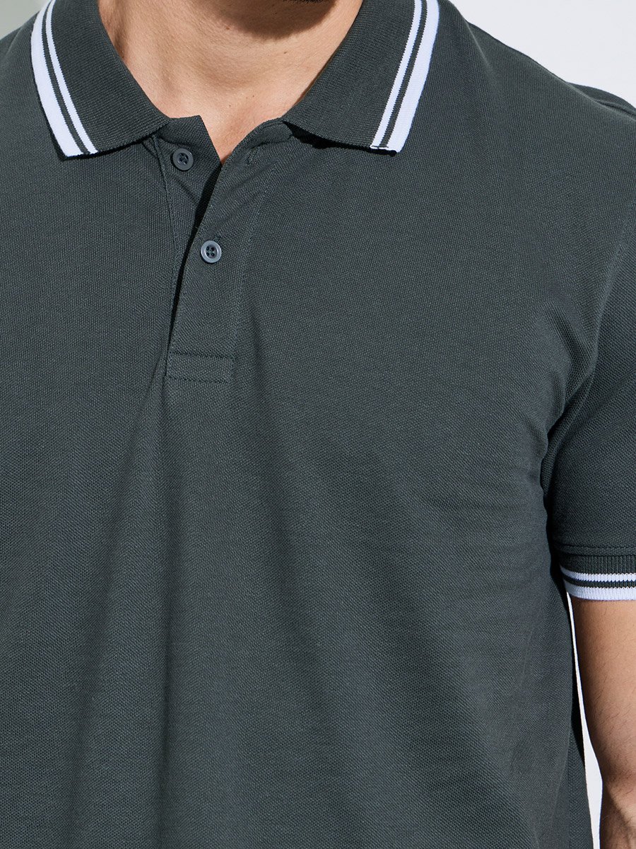 Men Dark Grey Regular Fit Pique Polo With Tipping