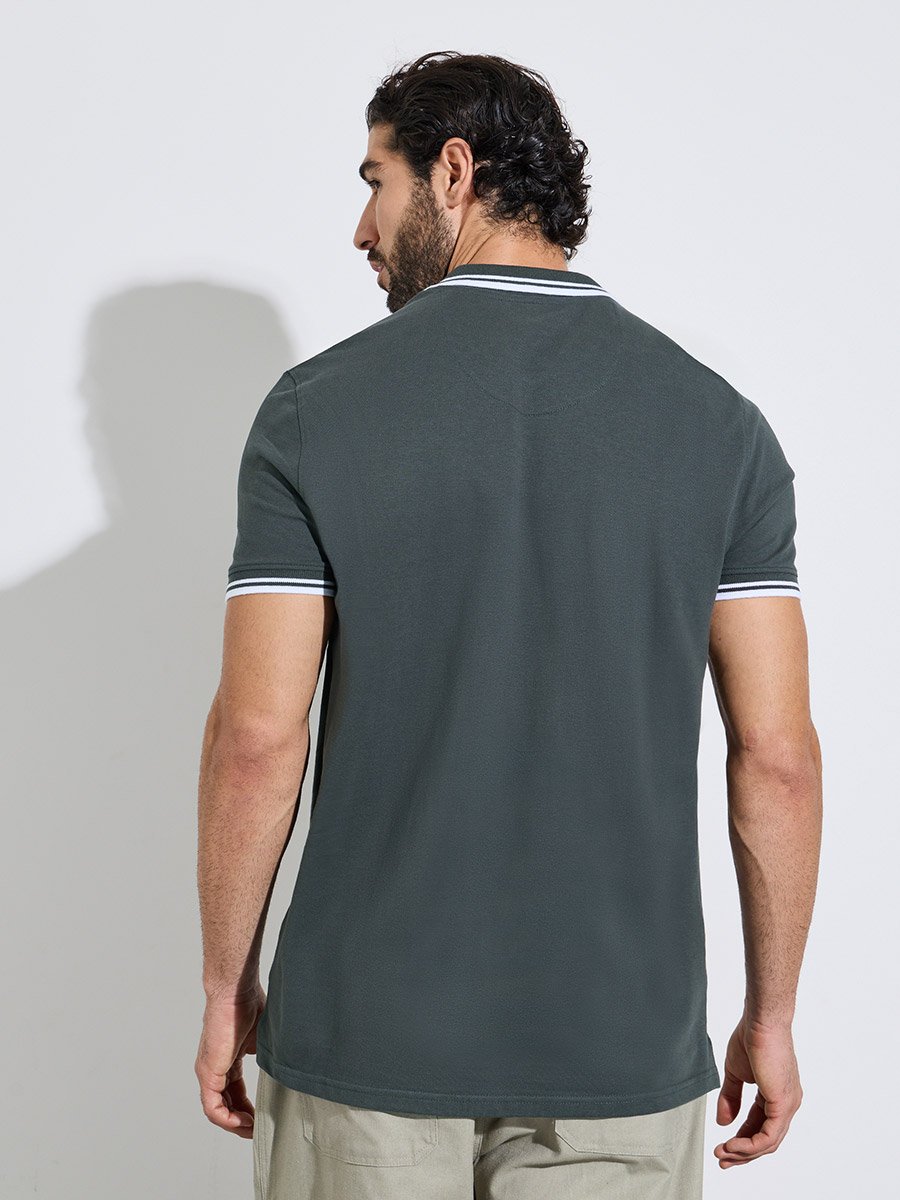 Men Dark Grey Regular Fit Pique Polo With Tipping