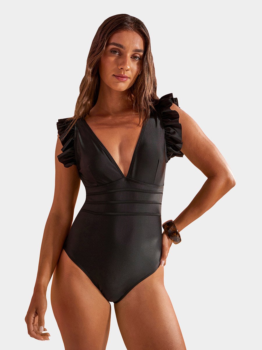 Black Plunge Neck Swimsuit with Ruffle Sleeves