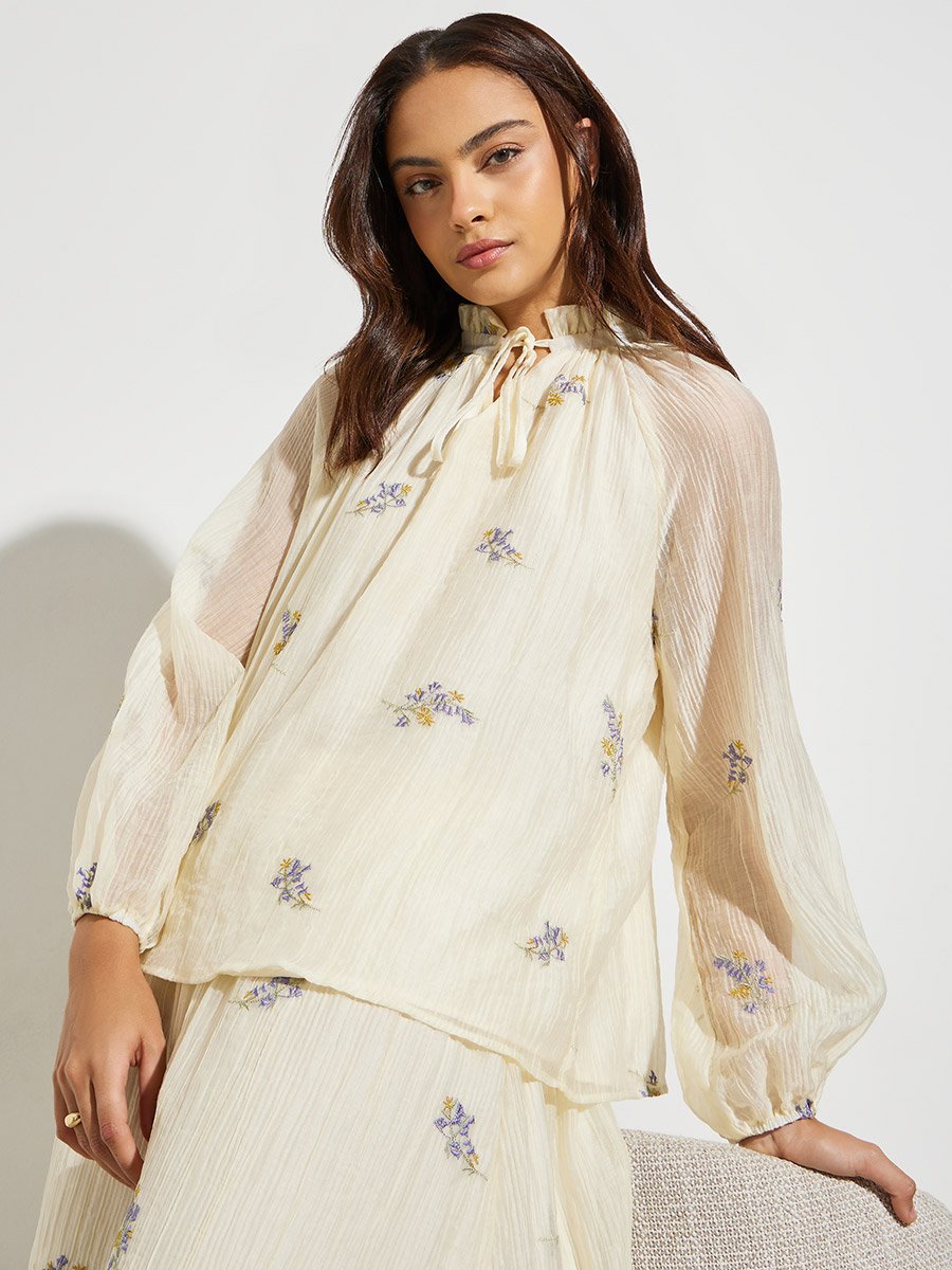 Off White Embroidered Tie-Up Neck Blouse