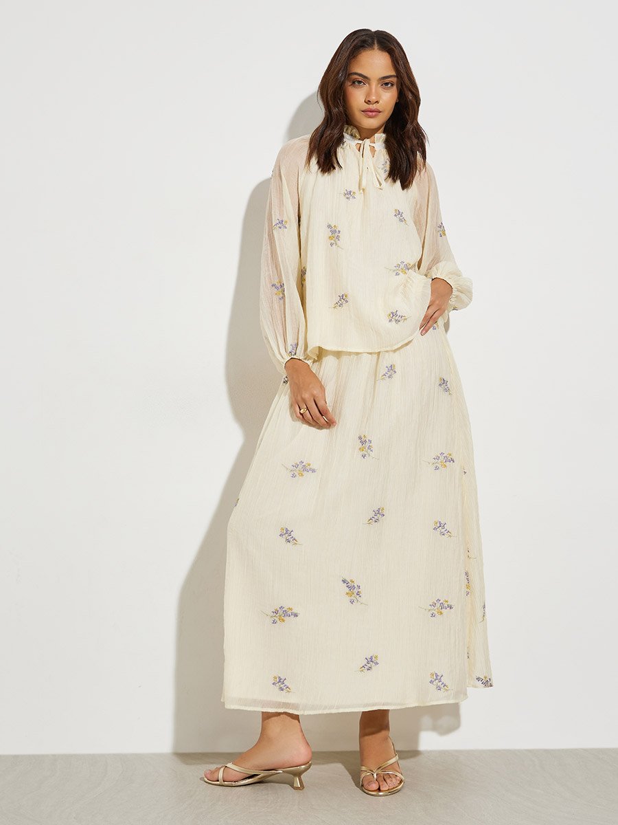 Off White Embroidered Tie-Up Neck Blouse
