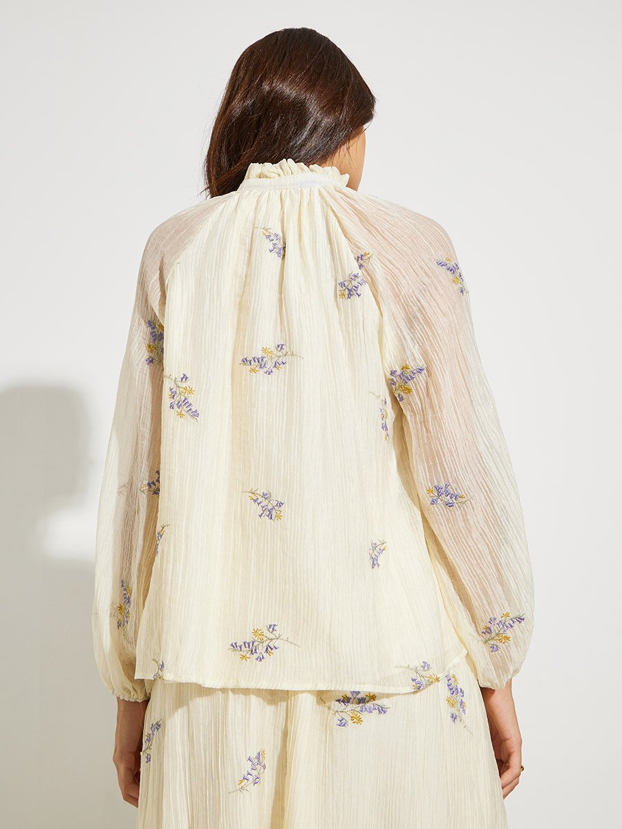 Off White Embroidered Tie-Up Neck Blouse