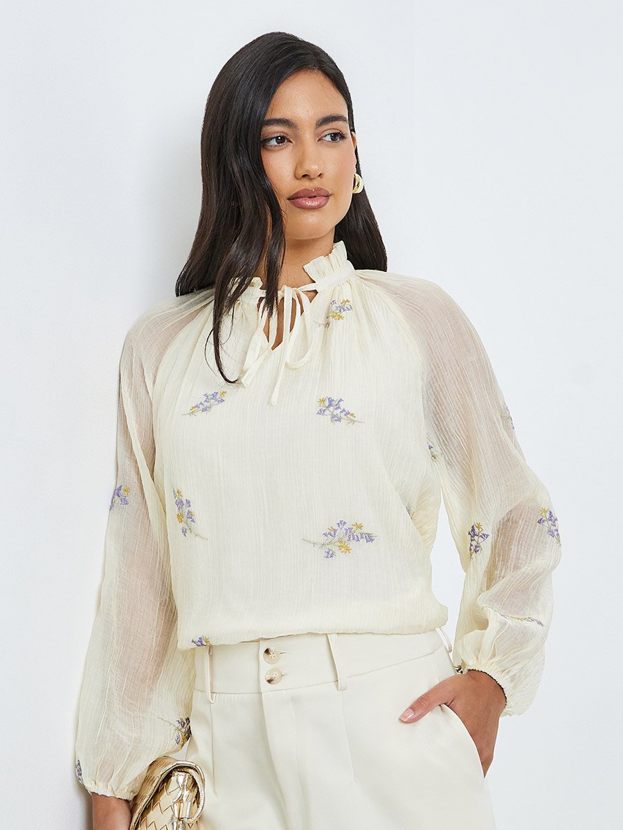 Off White Embroidered Tie-Up Neck Blouse
