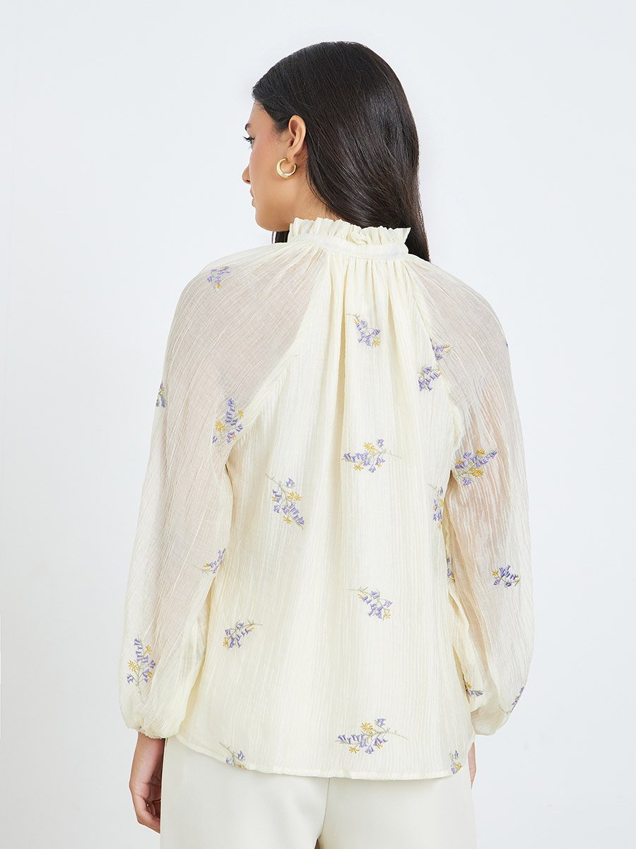Off White Embroidered Tie-Up Neck Blouse