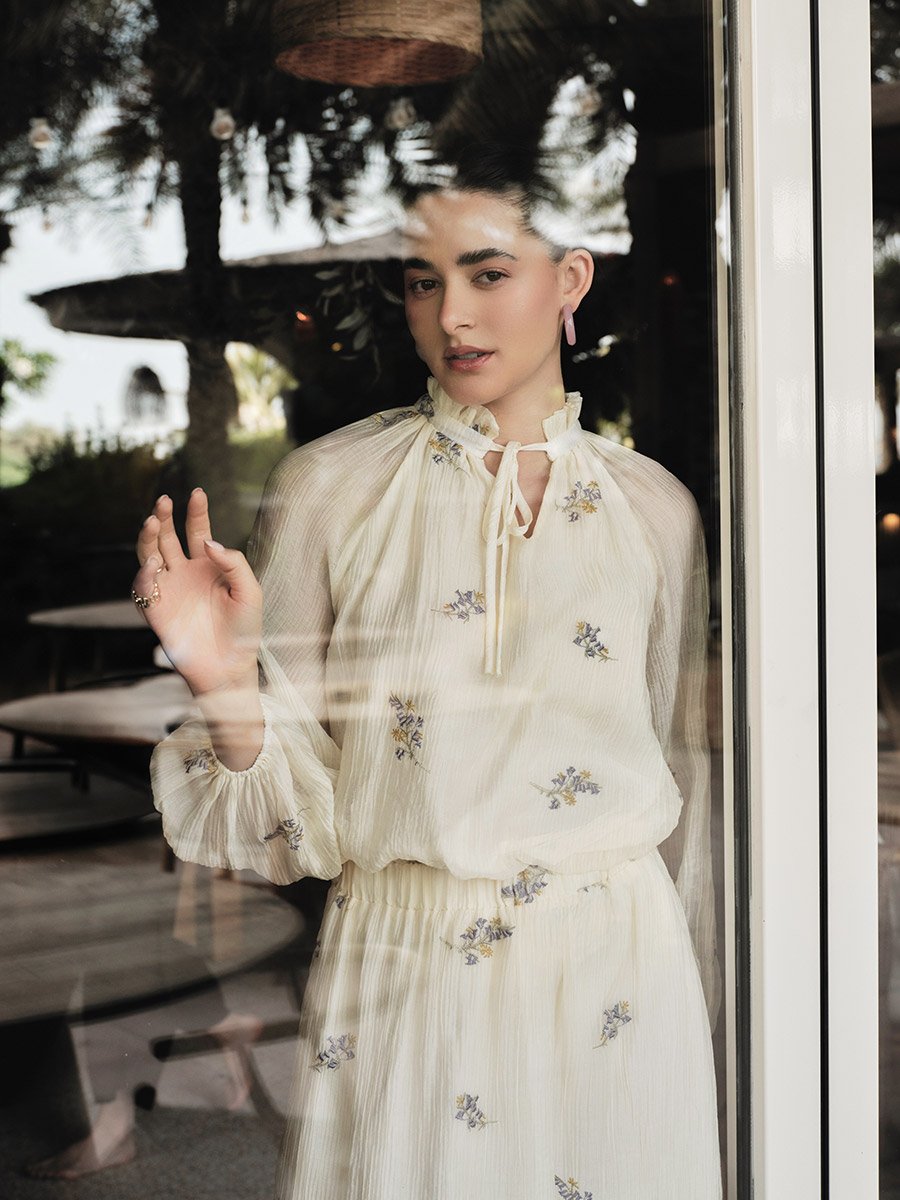 Off White Embroidered Tie-Up Neck Blouse