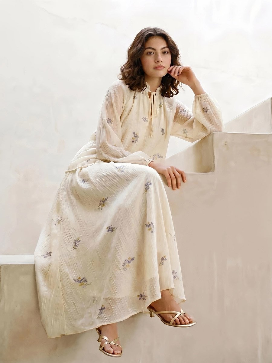 Off White Embroidered Tie-Up Neck Blouse