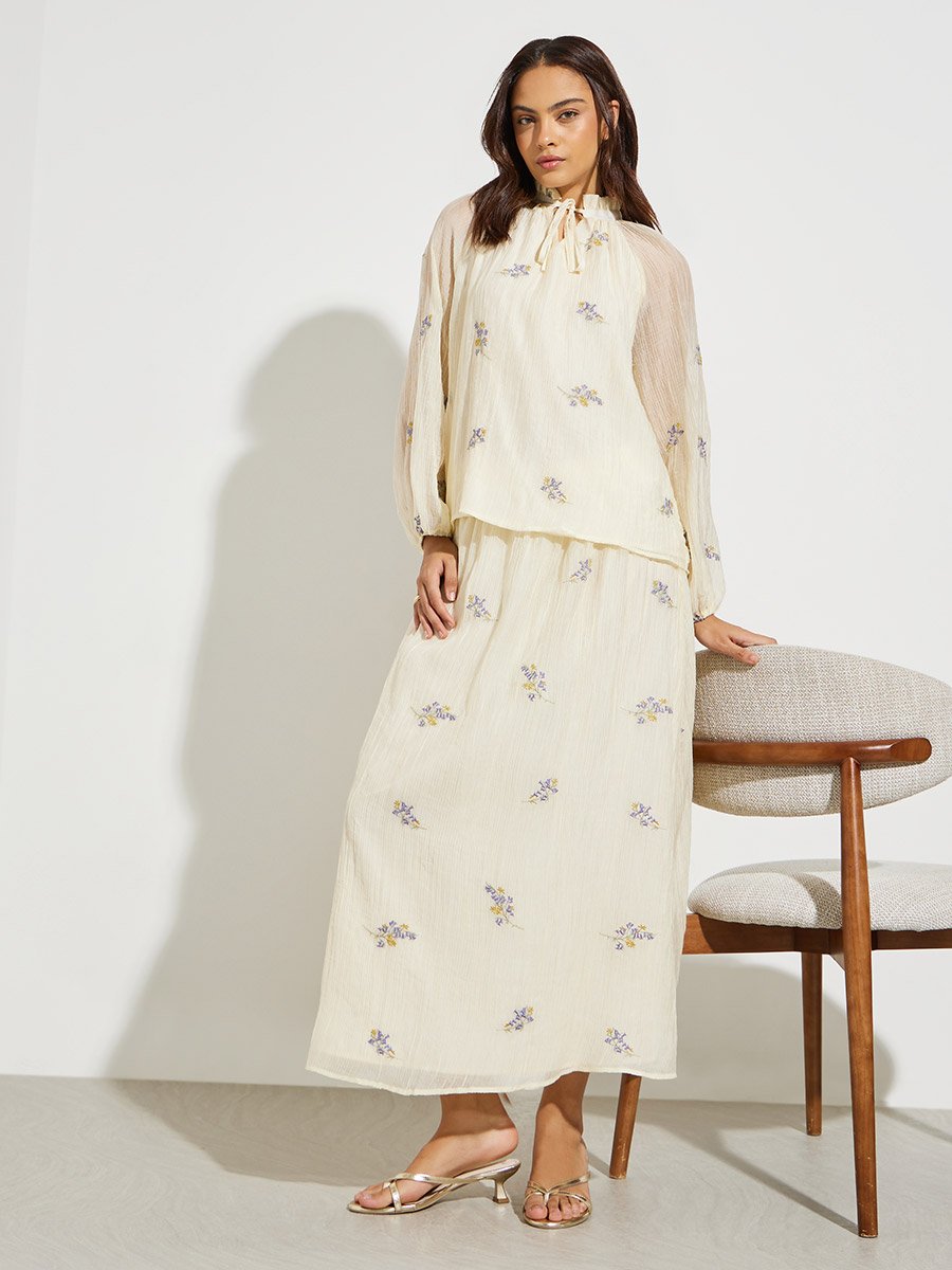 Off White Floral Embroidered A-Line Midi Skirt