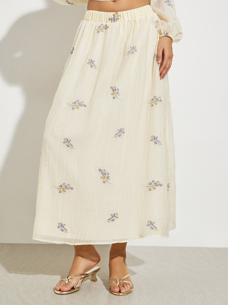 Off White Floral Embroidered A-Line Midi Skirt