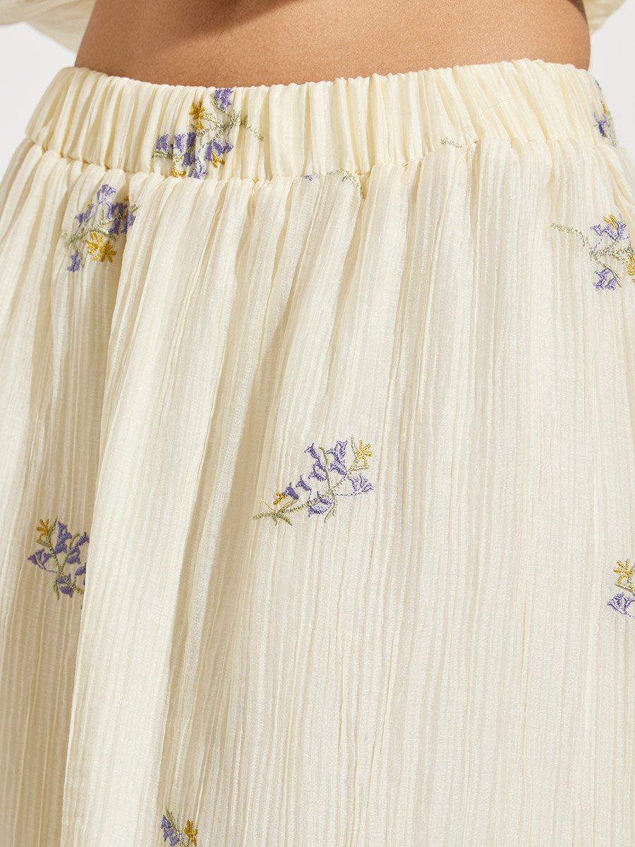 Off White Floral Embroidered A-Line Midi Skirt