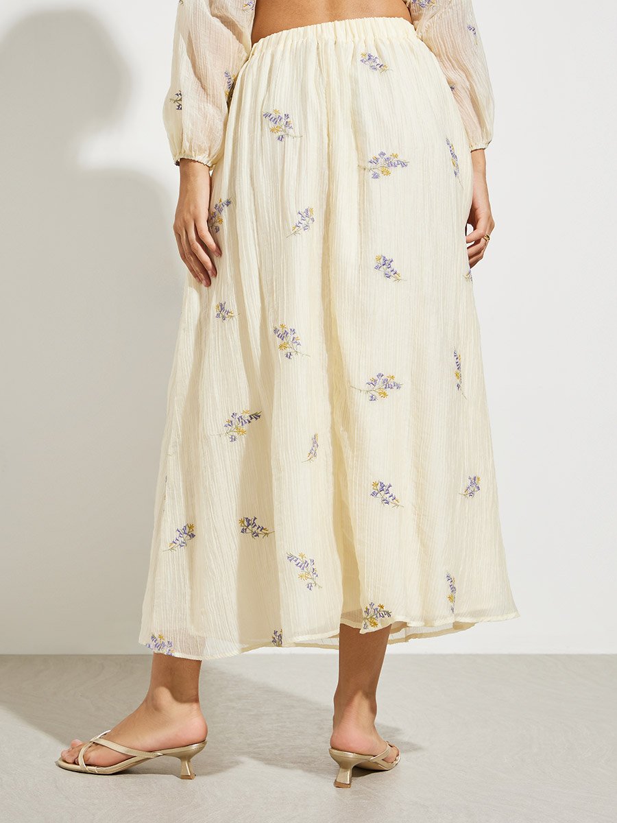 Off White Floral Embroidered A-Line Midi Skirt
