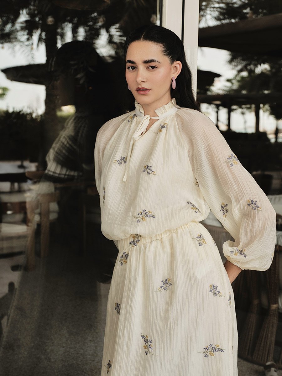 Off White Floral Embroidered A-Line Midi Skirt
