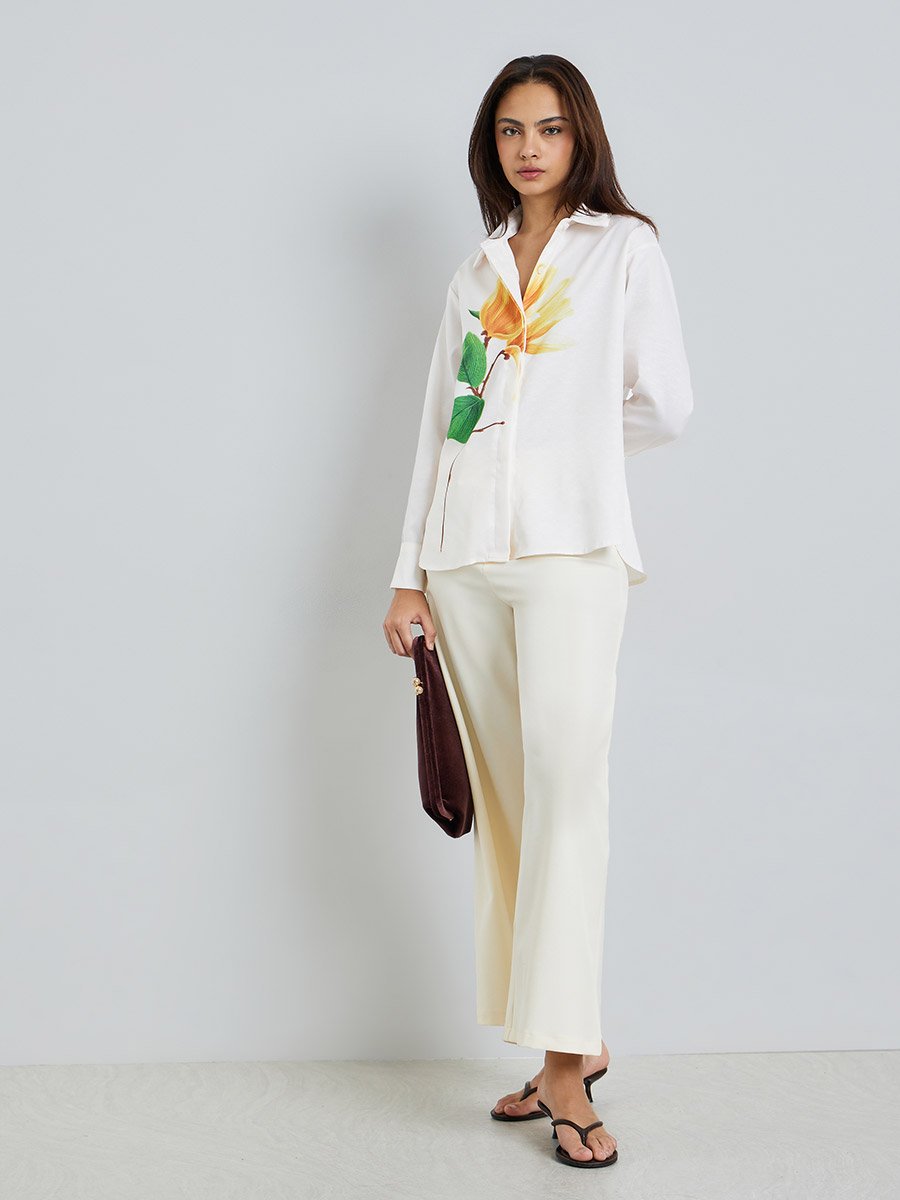 Off White Floral Print Long Sleeve Shirt