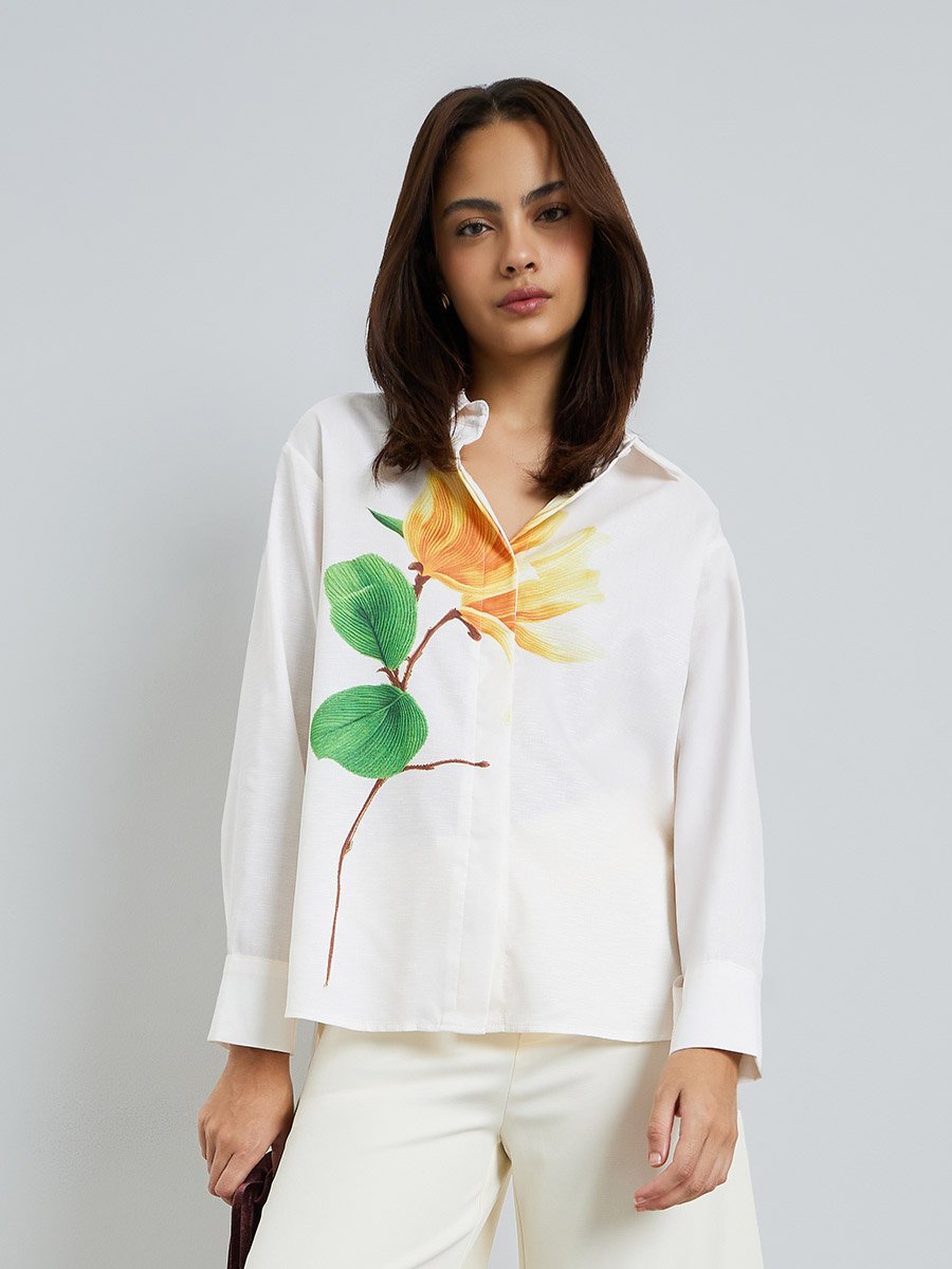 Off White Floral Print Long Sleeve Shirt