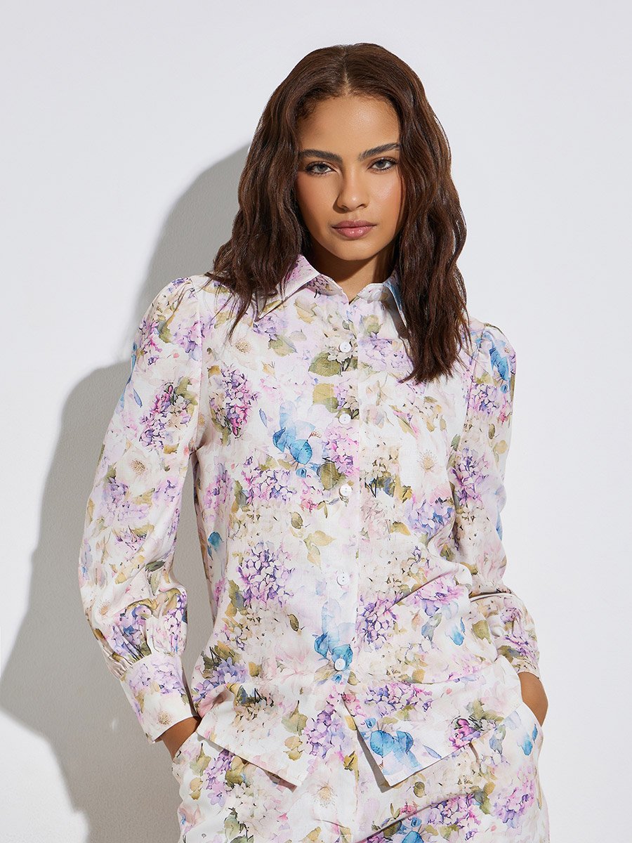 Off White Floral Print Long Sleeve Shirt