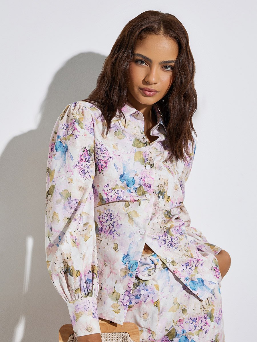 Off White Floral Print Long Sleeve Shirt