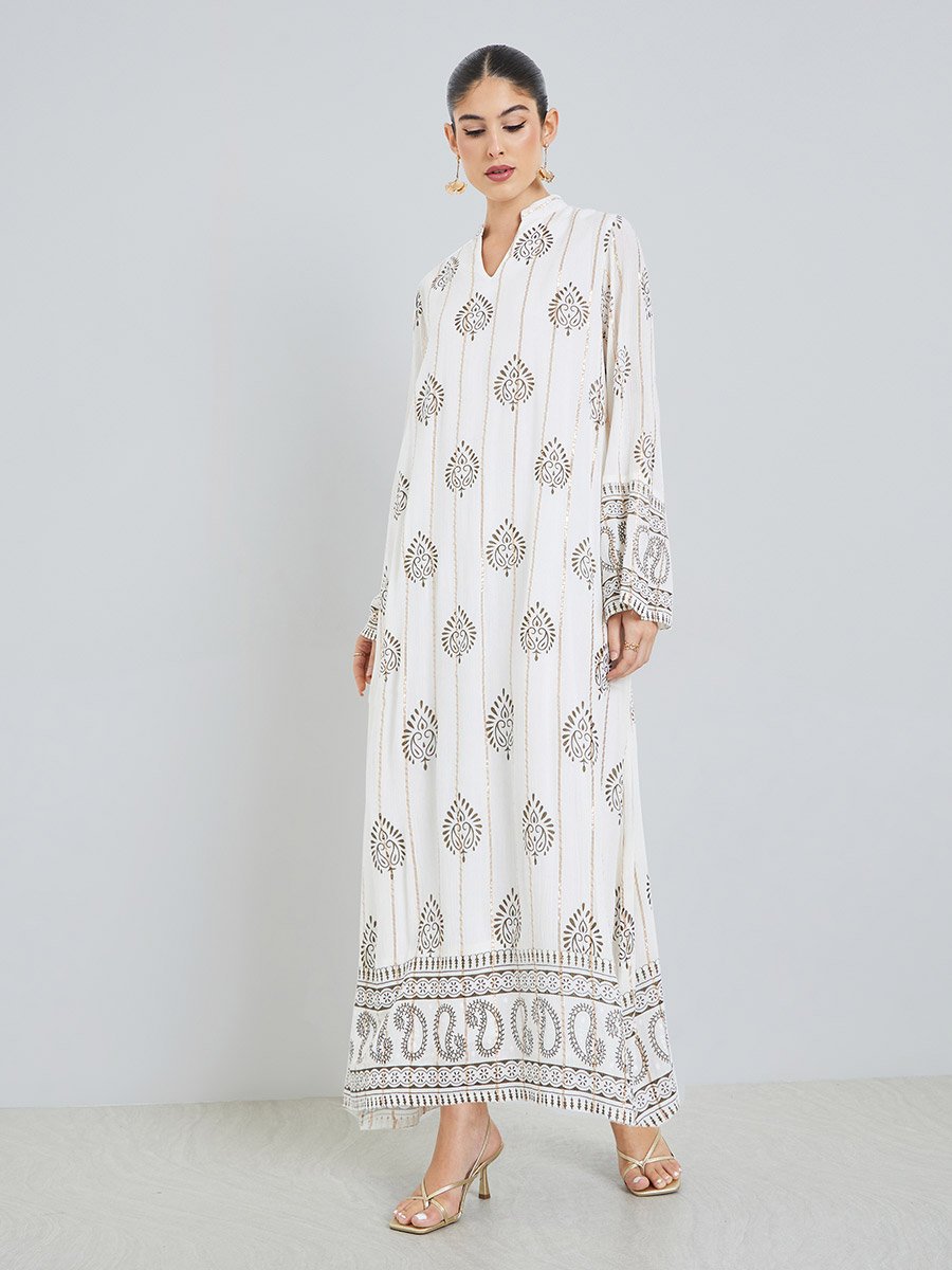 White Foil Print Collared Jalabiya
