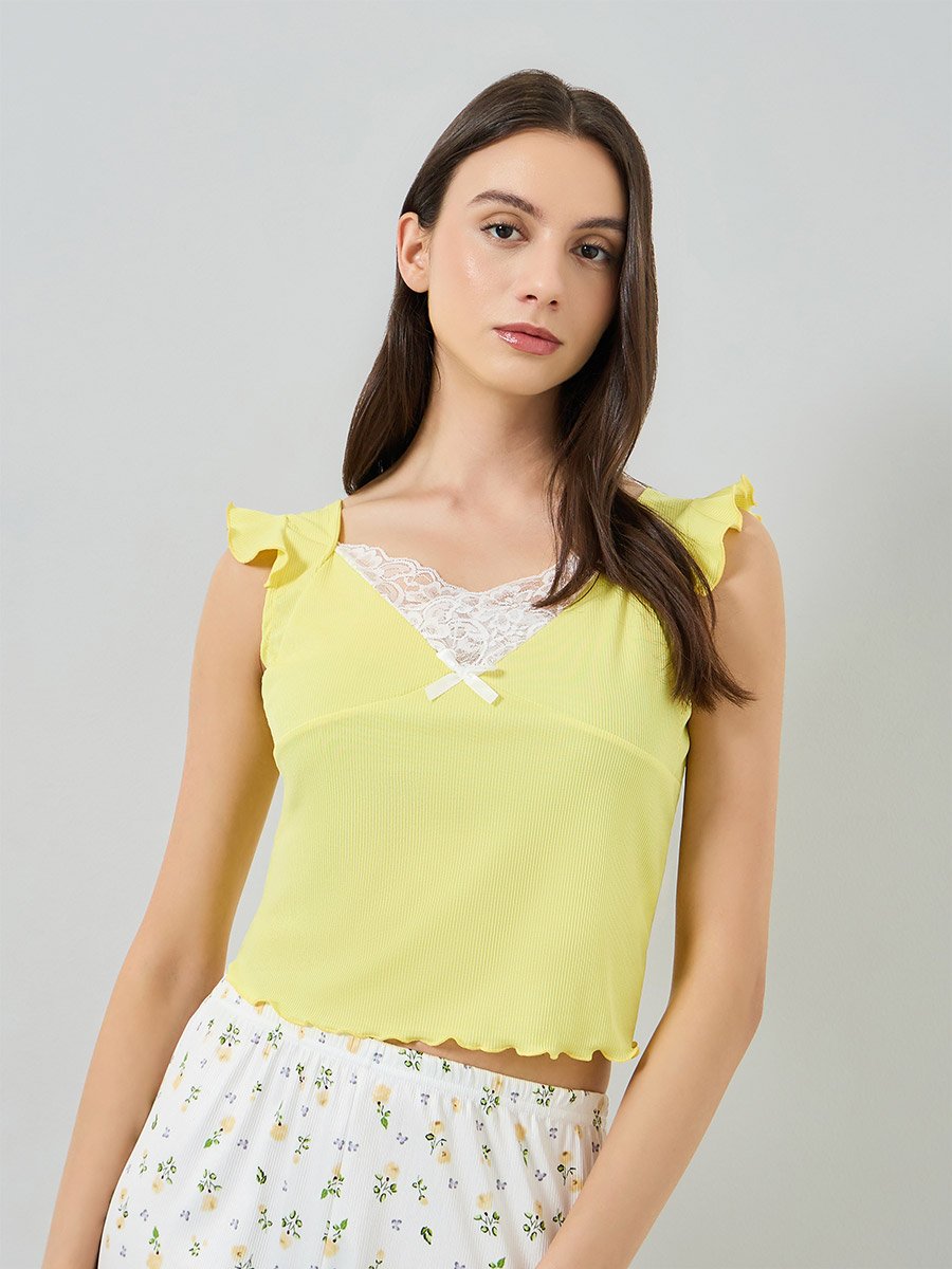 Yellow Lace Detail Cami and Floral Pyjama Set