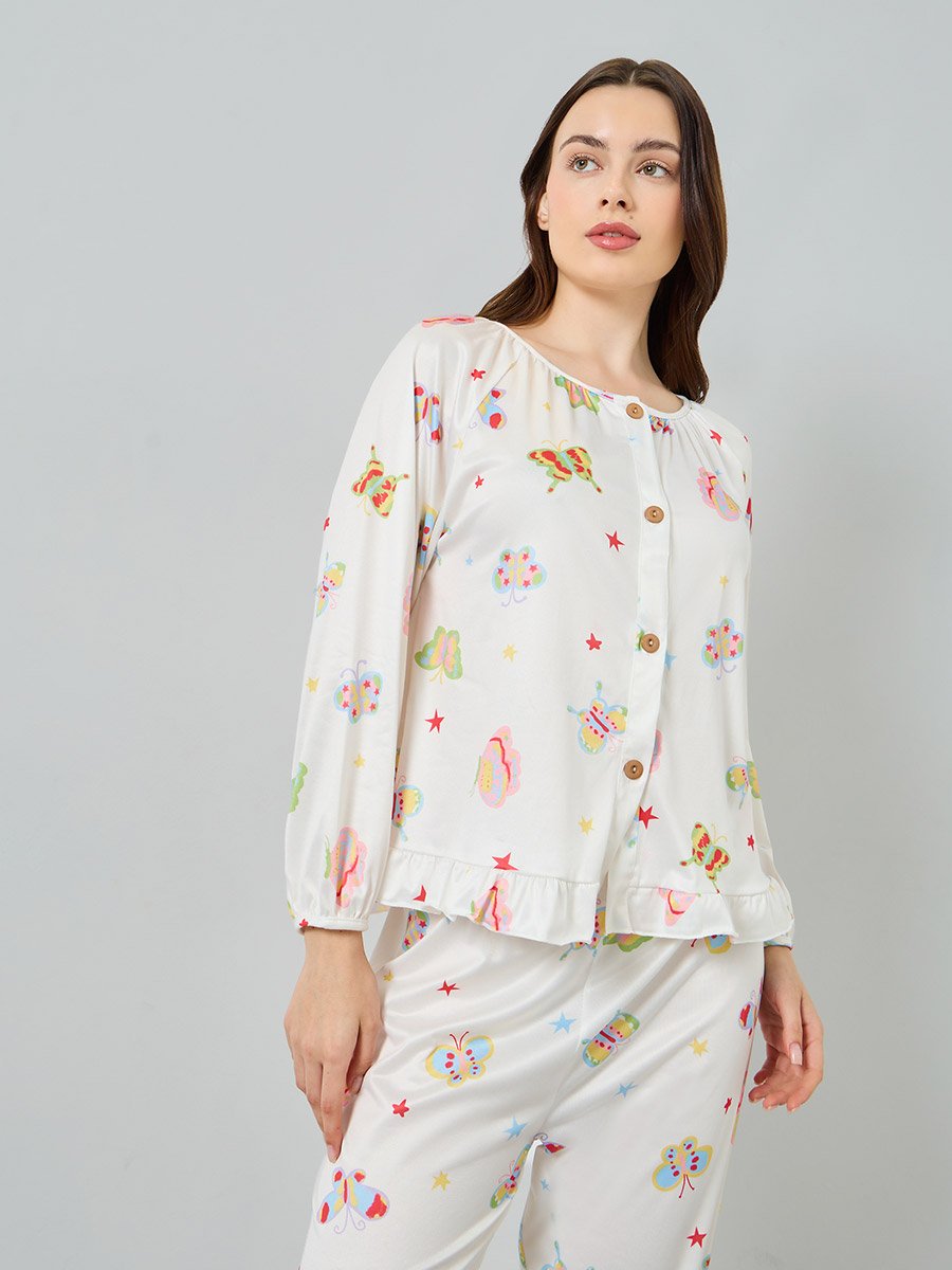 Butterfly Printed Buttoned Top and Pyjama Set